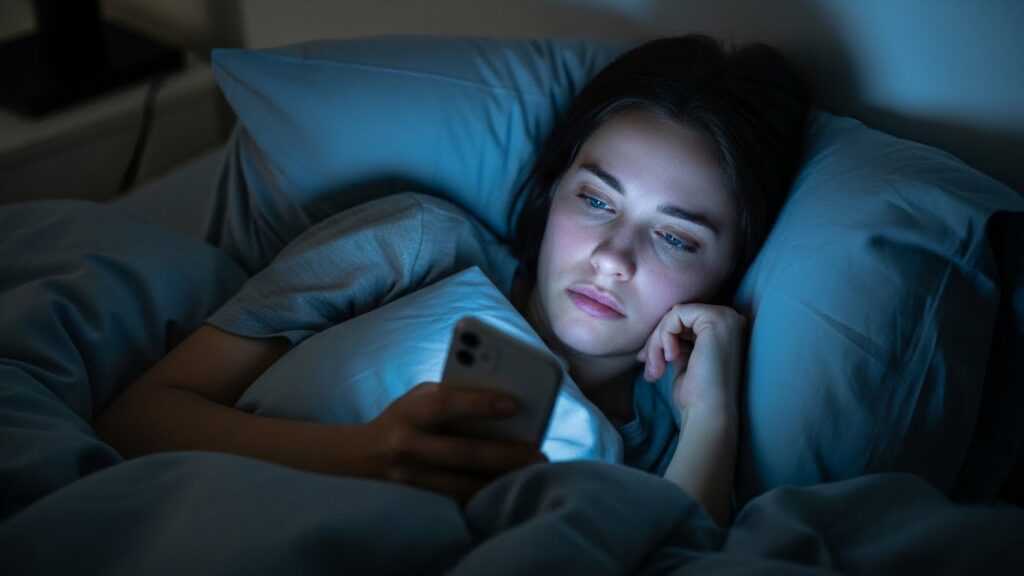 Pessoa exausta checando celular demonstrando ansiedade e produtividade falsa